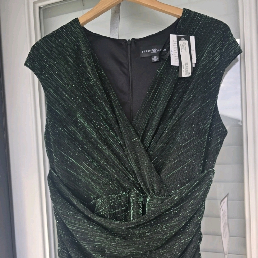 $269 Betsy & Adam Metallic Cap-Sleeve Surplice Gown Sz 12 Green Women Wedding - Picture 7 of 14
